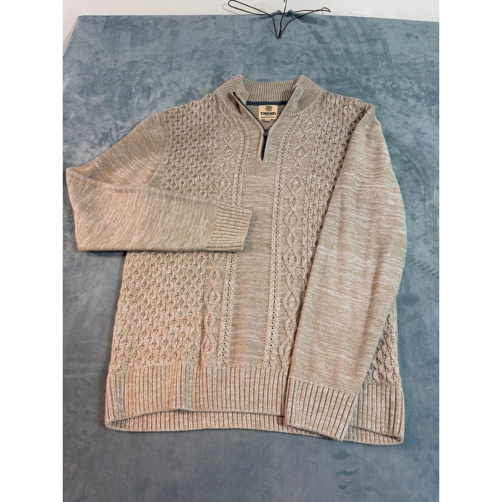 Trend by FX Fusion Mens Tan Cable Knit Quarter Zip Sweater Modern Fit Large